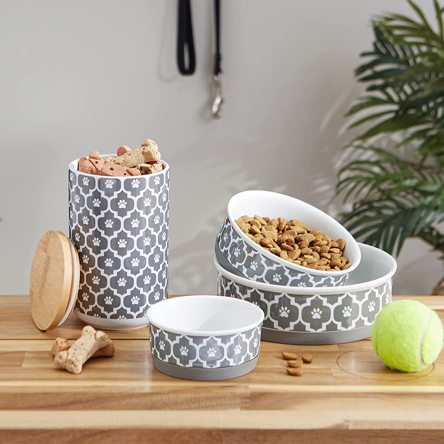 Stylish Gray Lattice Collection Pet Bowl & Canister Set - Small, 4.25"x2", 2 Count